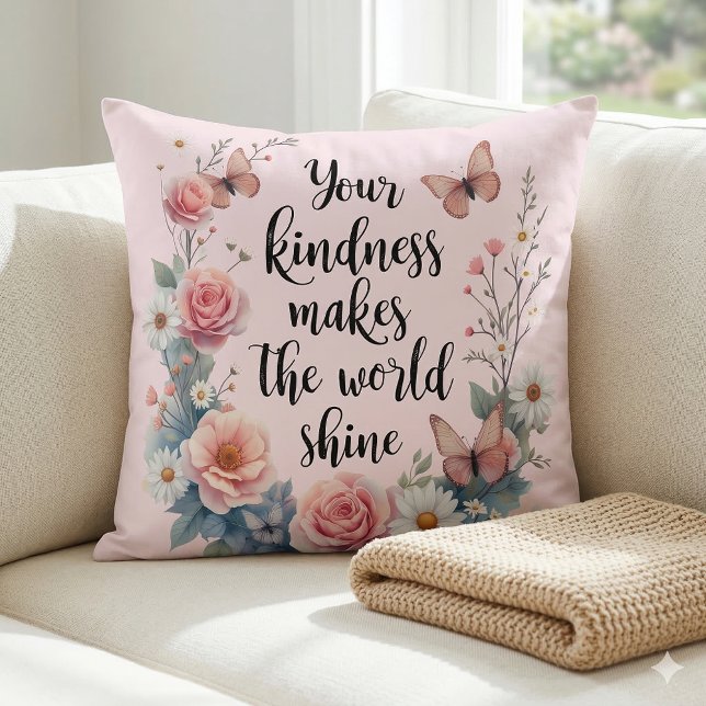 Coussin Citation florale inspirante avec papillons (Inspirational Floral Quote with Butterflies Throw Pillow Mockup A)