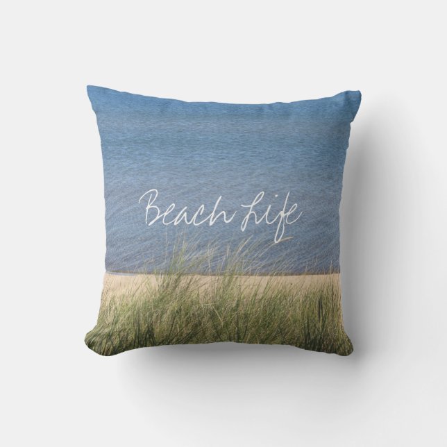 Coussin Citations Vie de Plage Océan Rivage Bleu Blanc Ten (Recto)