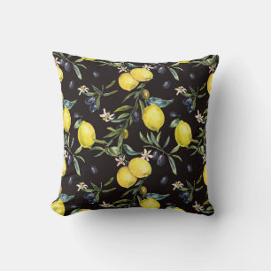 Coussin Citron, branches d'olivier : motif aquarelle.