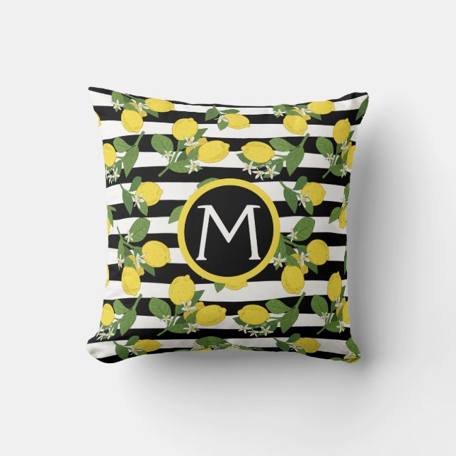 Coussin Citron Citrons Citrus Monogramme Rayures noires (Recto)
