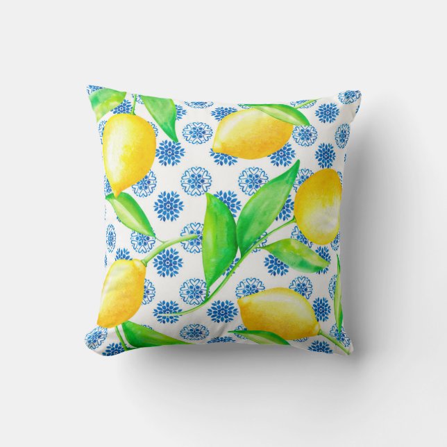 Coussin Citron et Azulejos Bleu et blanc (Recto)