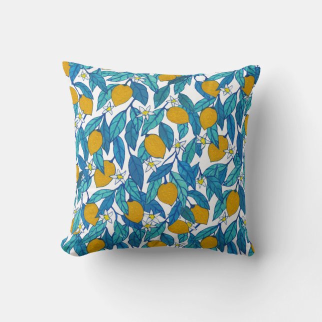 Coussin Citron fleuri : Aquarelle Florale Design. (Recto)