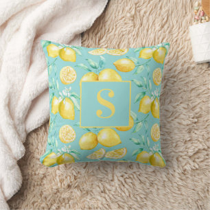 Coussin Citron jaune mignon Motif sur Monogramme bleu clai