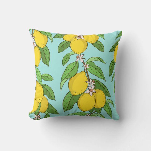 Coussin Citrons, Arrière - plan Bleu Vibrant sans couture. (Recto)