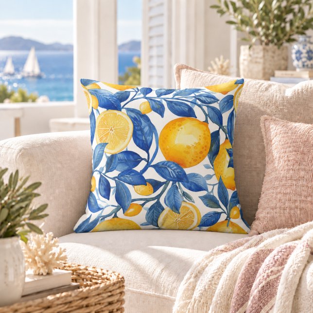 Coussin Citrons Azulejo Chic Feuilles Bleues (Créateur téléchargé)