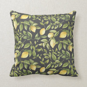 Coussin Citrons et Feuilles  Gris de charbon  Été lumine