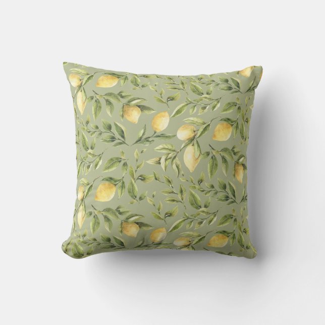 Coussin Citrons et Feuilles | Sage Green | Été brillant (Recto)