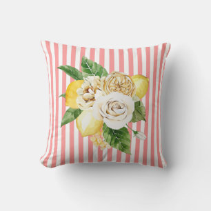 Coussin Citrons et roses sur bandes coralliennes