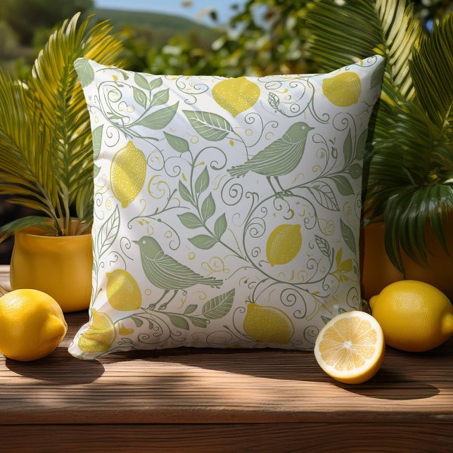 Coussin Citrons, Feuilles et oiseaux frais ID1052 (Créateur téléchargé)