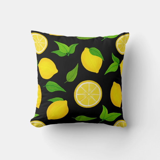 Coussin Citrons jaunes d'été Motif sur noir (Recto)
