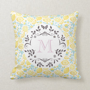 Coussin Citrons Jaunes & Fleurs Bleues Avec Lettre Monogra