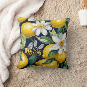 Coussin Citrons jaunes frais avec abeilles affairées et fl