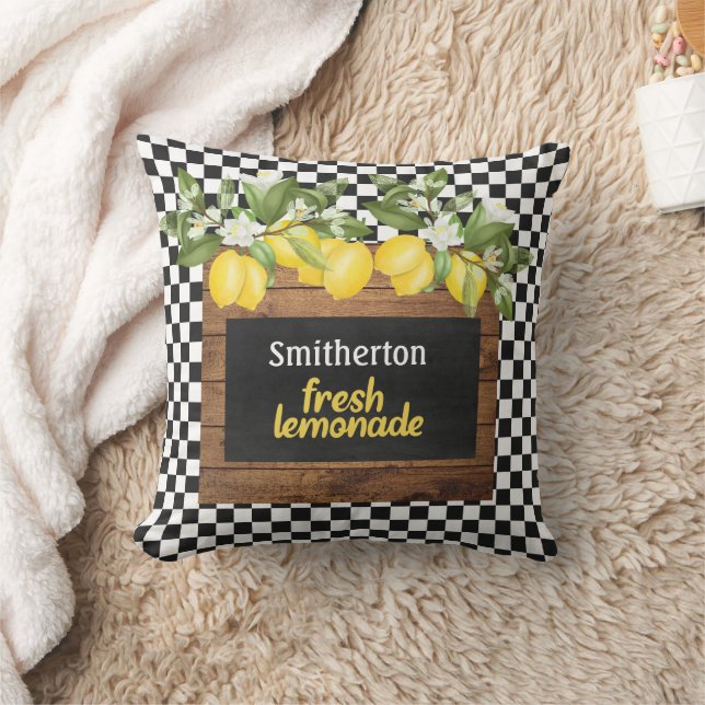 Coussin Citrons Lemonade Noir Blanc À damiers Nom bois (Couverture)