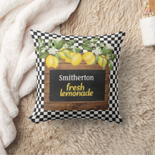 Coussin Citrons Limonade Carreaux Noir Blanc Bois Nom