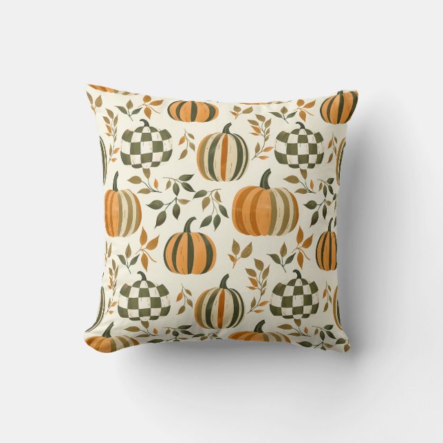 Coussin Citrouille Carreaux Automne Rayures Orange Vert (Recto)