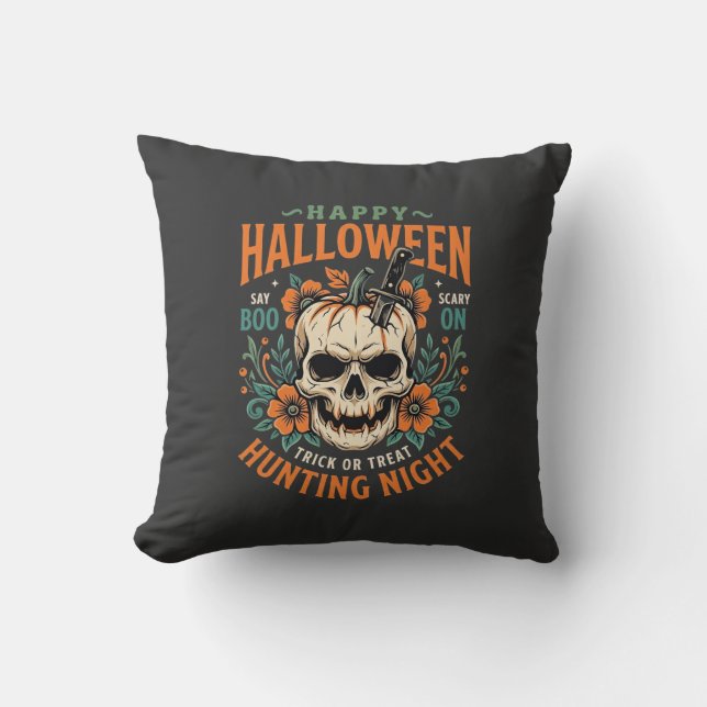 Coussin Citrouille Crâne Halloween Chasse Nuit Design_1 (Recto)