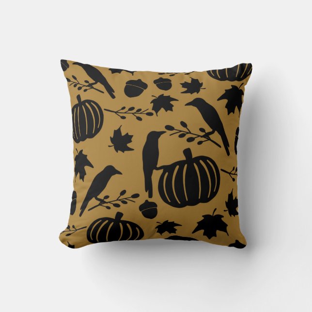 Coussin Citrouille d'automne corbeau noir jaune orange dor (Recto)