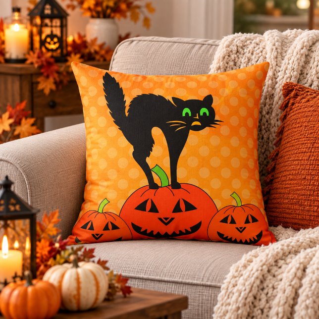 Coussin Citrouille de chat noir Halloween Jack O' Lantern (Halloween Black Cat Pumpkin Jack O' Lantern Throw Pillow)