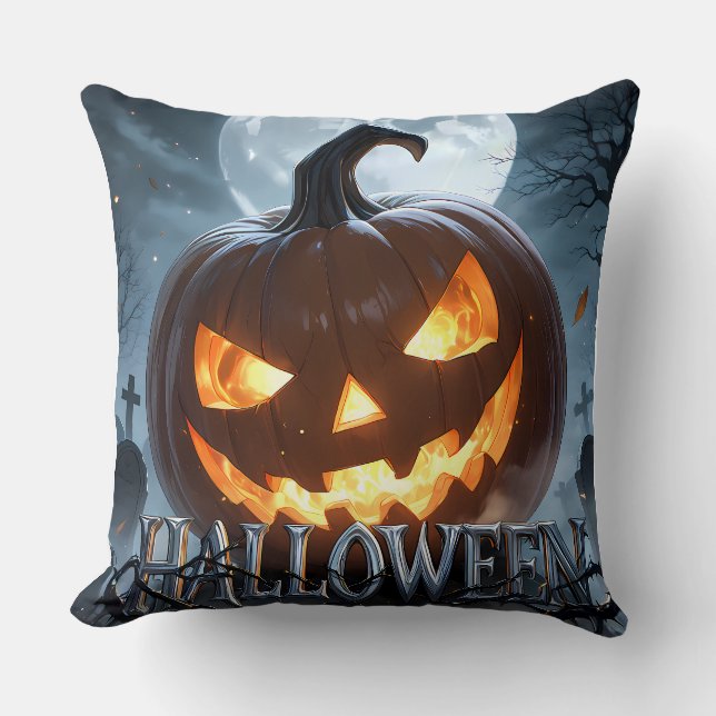 Coussin Citrouille de Halloween lumineuse sous la lune (Recto)