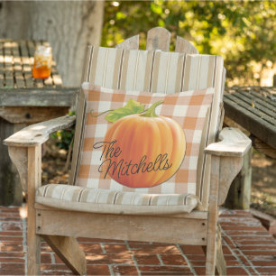 Coussin Citrouille de nom personnalisé motif gingham orang