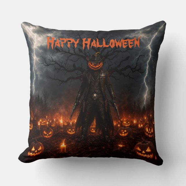 Coussin Citrouille de sheriff cowboy d'Halloween effrayant (Recto)