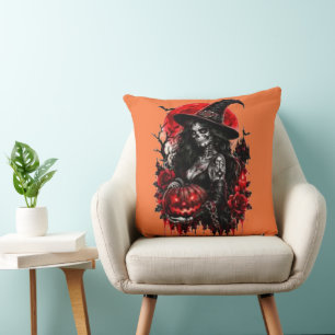 Coussin Citrouille de sorcière gothique Halloween Chat noi