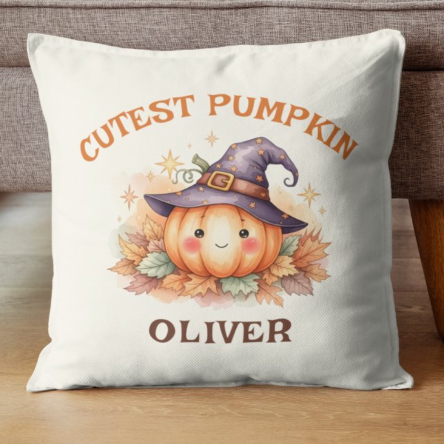 Coussin Citrouille de sorcière mignonne avec feuilles d'au (Créateur téléchargé)