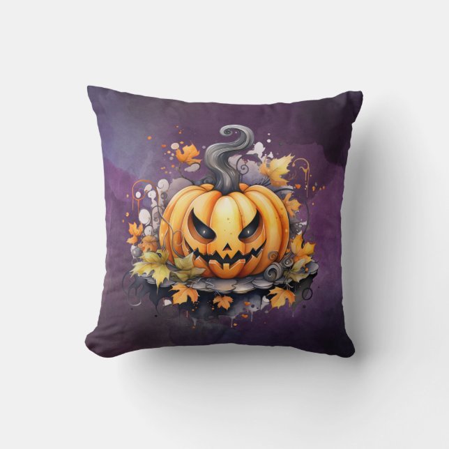 Coussin Citrouille d'Halloween aquarelle violette effrayan (Recto)