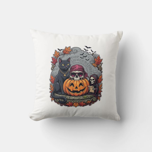 Coussin Citrouille d'Halloween Chat Crâne Faucheuse Automn (Recto)