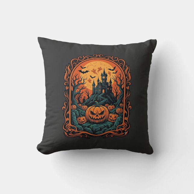 Coussin Citrouille d'Halloween Maison Hantée Pleine Lune C (Recto)