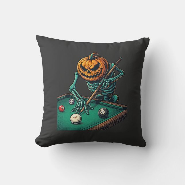 Coussin Citrouille d'Halloween squelette jouant au billard (Recto)