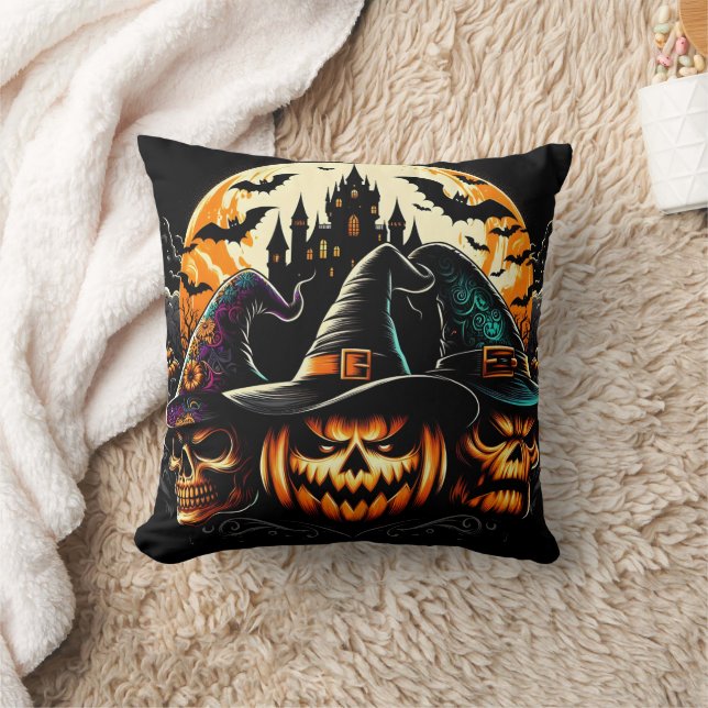Coussin citrouille éffrayant avec sorcières et château (Couverture)