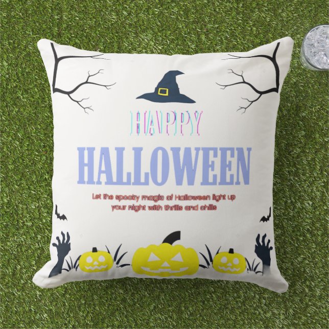 Coussin Citrouille éffrayant et horloge d'Halloween fantôm (Herbe)