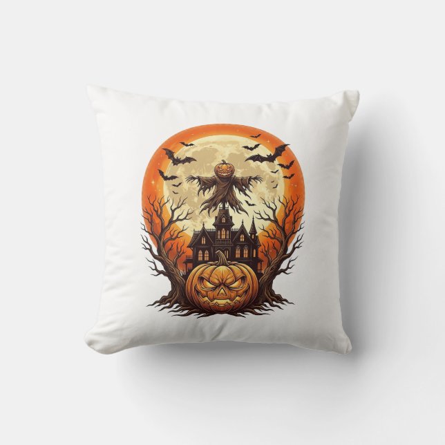 Coussin Citrouille effrayante Épouvantail Maison hantée Pl (Recto)