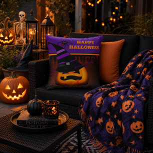 Coussin Citrouille Lanterne Jack Halloween Chapeau de Sorc