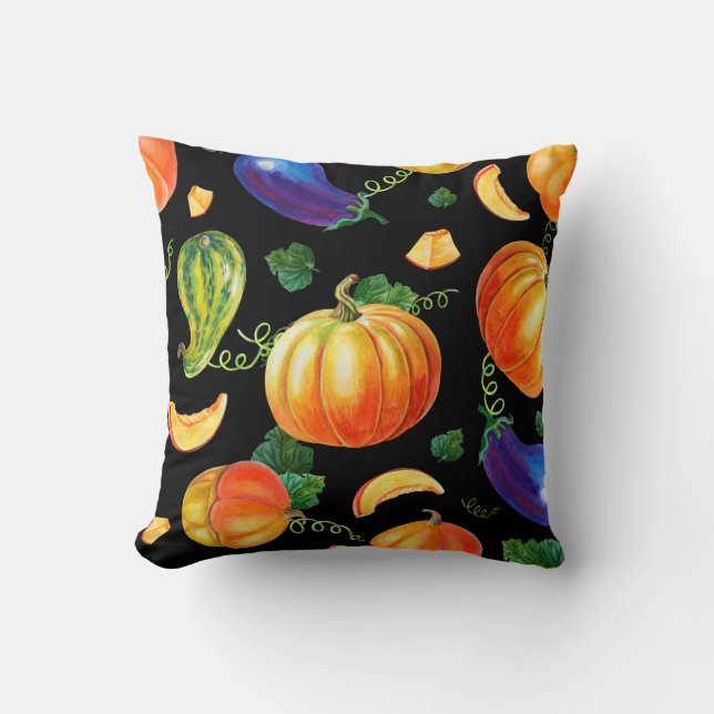 Coussin Citrouille orange, courgettes rayées, aubergine bl (Recto)