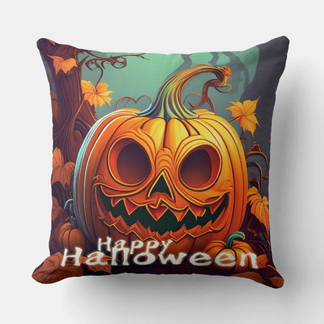 Coussin Citrouille orange effrayant avec visage, Halloween (Recto)