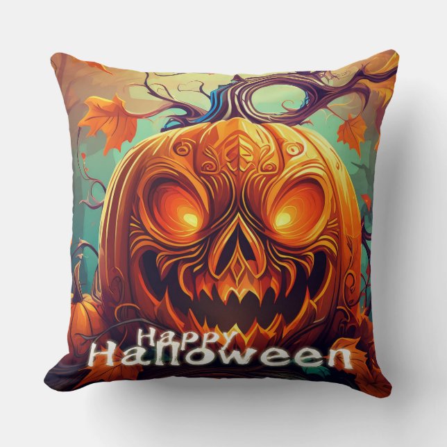Coussin Citrouille orange effrayant avec visage, Halloween (Recto)