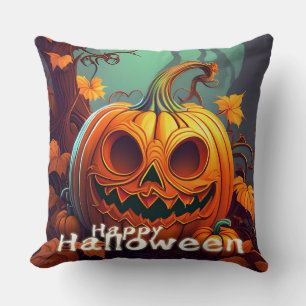 Coussin Citrouille orange effrayante avec visage, Hallowee