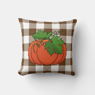 Coussin Citrouille orange sur motif à carreaux blanc marro
