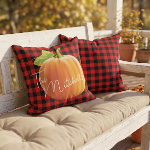 Coussin Citrouille personnalisée sur motif carreaux rouge