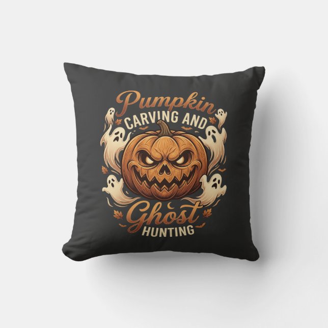 Coussin Citrouille Sculptée Chasse aux Fantômes Halloween  (Recto)
