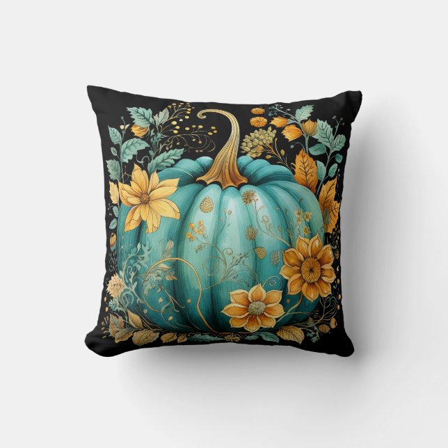 Coussin Citrouille turquoise Automne Boho Fall Black (Recto)