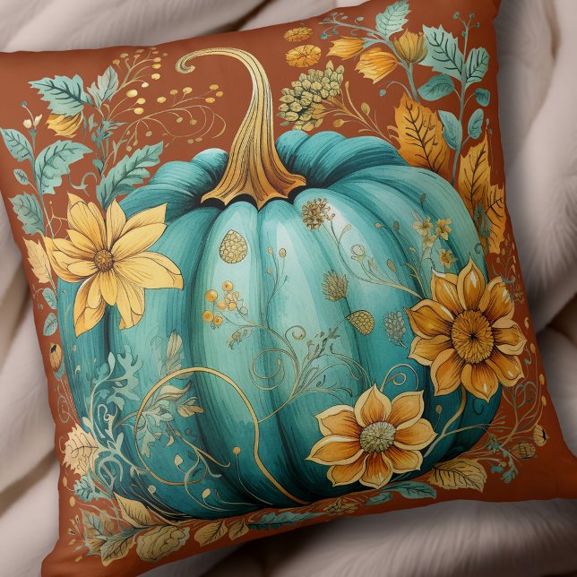 Coussin Citrouille turquoise Automne Boho Fall Caramel (Teal Pumpkin Autumn Boho Fall Caramel Throw Pillow)