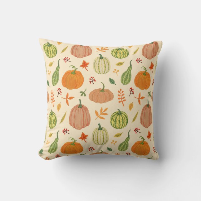 Coussin Citrouille vert et orange, motif sans soudure. (Recto)