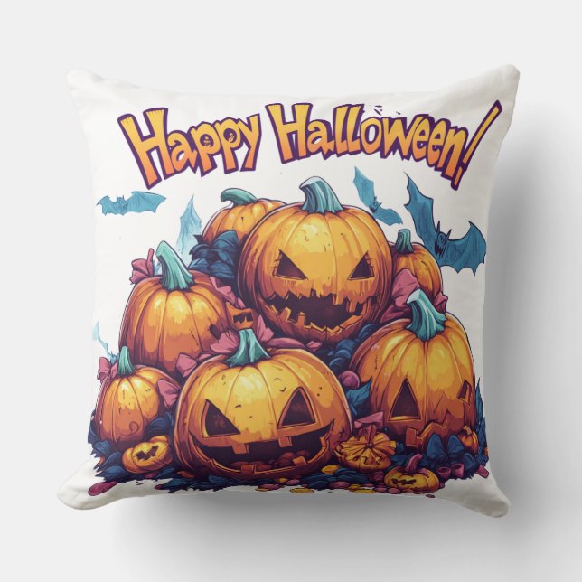 Coussin Citrouilles amusantes 🎃 pour Halloween festif (Recto)
