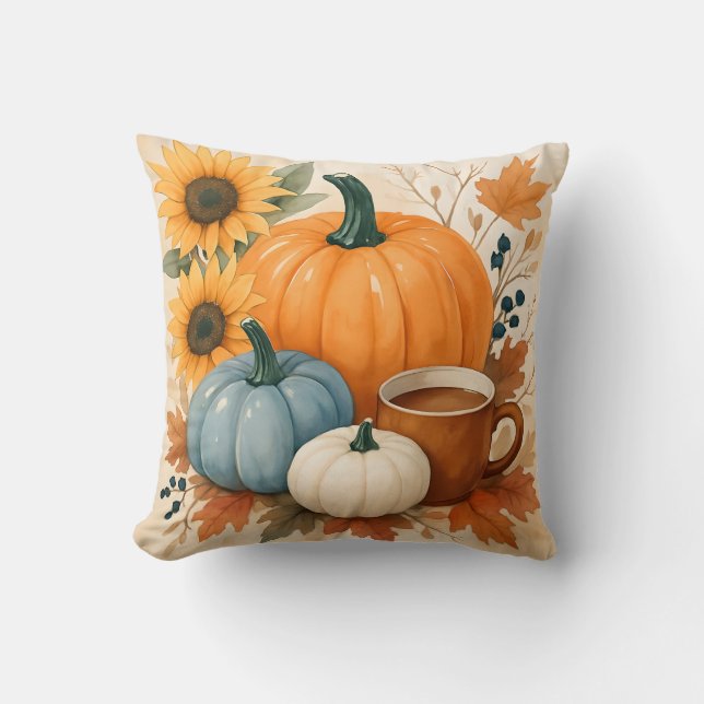 Coussin Citrouilles Aquarelle d'Automne Rustique (Recto)