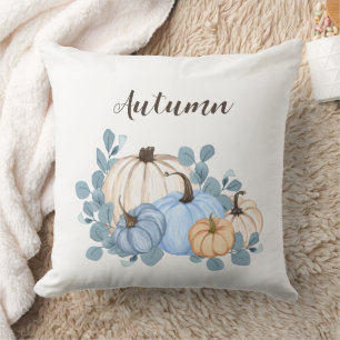 Coussin Citrouilles Aquarelles Bleues et Oranges Automne