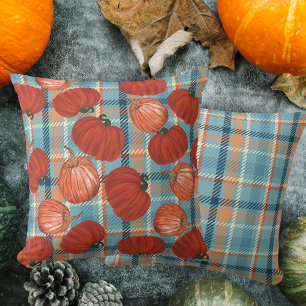 Coussin Citrouilles d'automne bleu et orange à carreaux