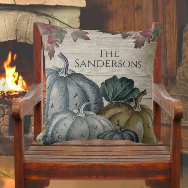 Coussin Citrouilles d'automne feuilles de bois rustique bl (Créateur téléchargé)